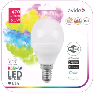 Avide, E14 kisgömb LED, RGB+Fehér Wifi, égő